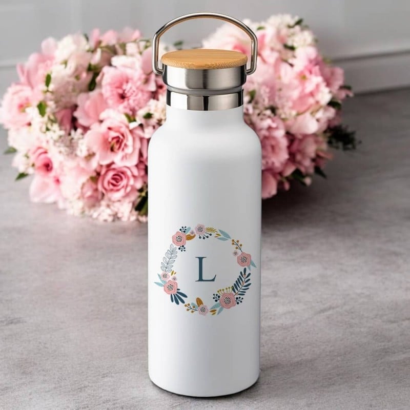 Botella Térmica Tapón Madera Inicial Floral