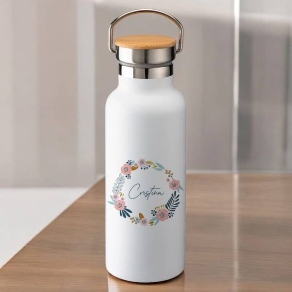 Botella Térmica Tapón Madera Nombre Floral