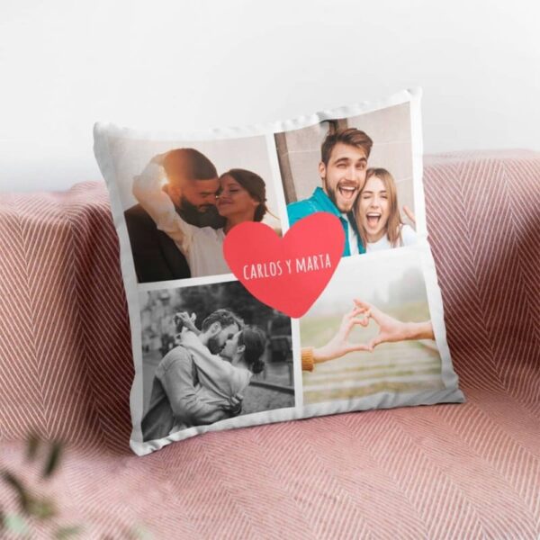 Cojín Personalizado 4 Fotos con Corazón y Nombres